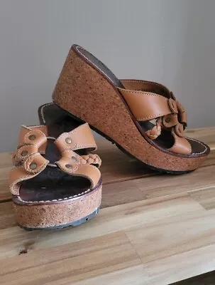 £5 • Buy Fly London Tan Cork Wedge Sandals Shoes Size 5 