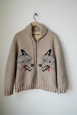 RARE Vintage 1950s Wolf Mary Maxim Cowichan Sweater Wool 100% Large Lebowski • $1349.99