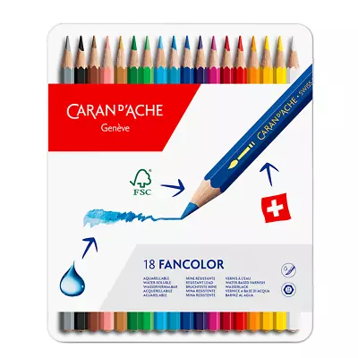  Caran D'Ache Fancolor 18 Water Soluble Colour Pencils Artist Sketching Tin Set • £24.29