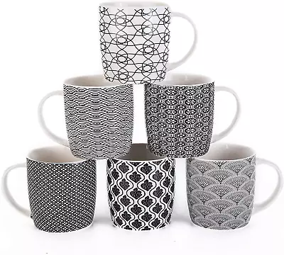 Set Of 6 11.5 Oz Coffee Mugs With Black And White Geometric Patterns Ceramic Te • $39.22
