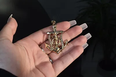 Mens 14k Yellow Gold Diamond Anchor Cross Jesus Crucifix Necklace Charm Pendant • $999.01