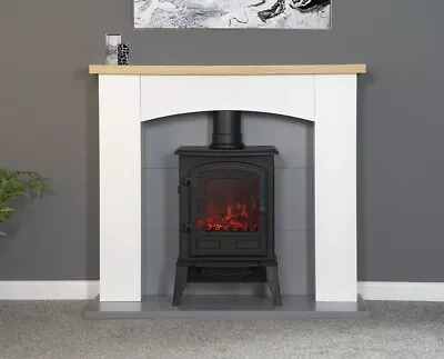 Electric Fire Stove Oak White Mantle Grey Fireplace Logs Surround Suite Bnib • £344.95