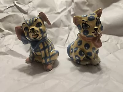 Ceramic Arts Studio Blue Polka Dot Cat Checkerboard Dog Salt Pepper Shakers Set • $29