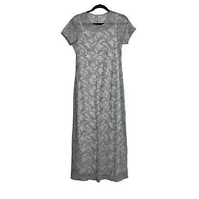 Vintage Y2K Dress Womens Medium Grey Silver Mesh Maxi Short Sleeve Fitted 90s • $39.98