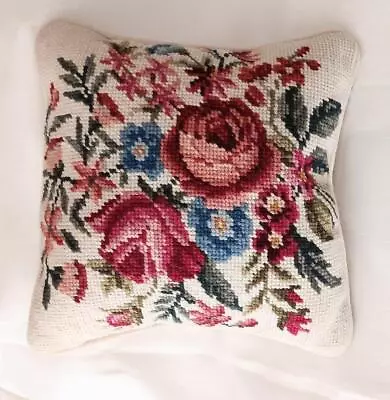 Small Vintage Pink Wool Needlepoint Roses Throw Pillow Ivory Velvet Floral 9  • $14.99