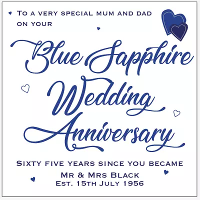 Personalised 65th Blue Sapphire Wedding Anniversary Card Husband Wife Mum Dad • £3.95