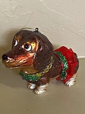 VNTG Dachshund Christmas Ornament Glass ? Weiner Dog In Red Tutu Skirt & Glitter • $19.95