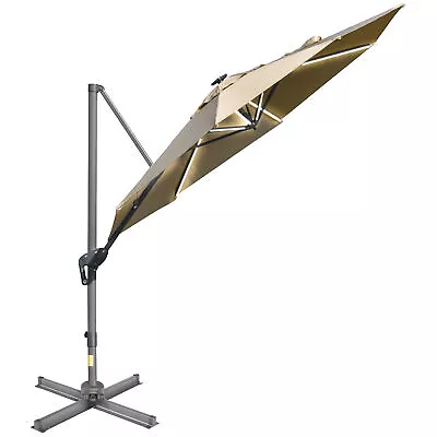 Outsunny 3(m) Solar LED Cantilever Parasol Adjustable Garden Umbrella Khaki • £149.99