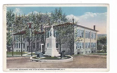 Soldier’s Monument And High School Hammondsport New York Vintage Postcard • $3