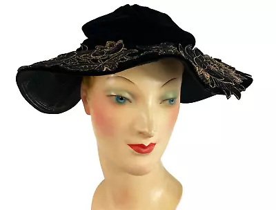 Vintage 30s 40s Evening Hat Floppy Brim Gold Floral Applique Velvet • $59.99