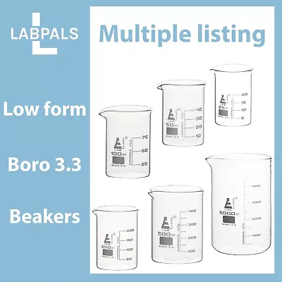 Laboratory Glass Measuring Beaker - 25ml-5000ml - Low Form - Borosilicate 3.3 • £1.99