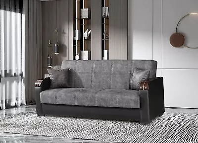 Sofa Bed 3-Seater Minesota Grey Fabric Black Leather Modern Style With Storage. • £426