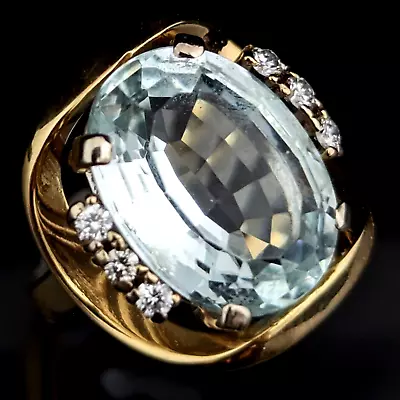 GIA 8CT Aquamarine Diamonds 18k Yellow Gold Cocktail Ring Vintage Retro 1940-60s • $1888