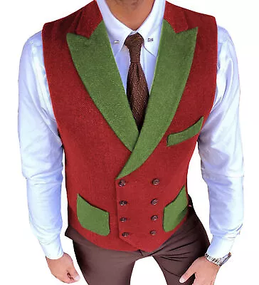 Christmas Mens Vests Tweed Double-Breasted Vintage Waistcoats M Large XL XXL 3XL • $29.68