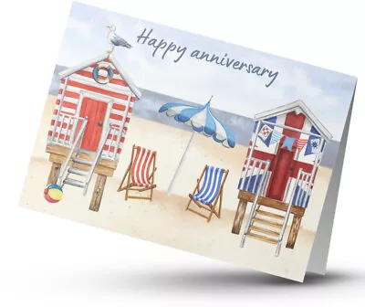 Happy Anniversary Card Any Year 10th 20th 25th 30th Beach Hut Seaside FREE  P&p • £3.79