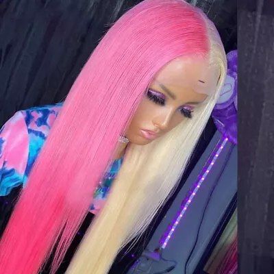 Women Long Straight Lace Front Wig Half Blond Half Pink Wig Silky Ombre Color • $41.96