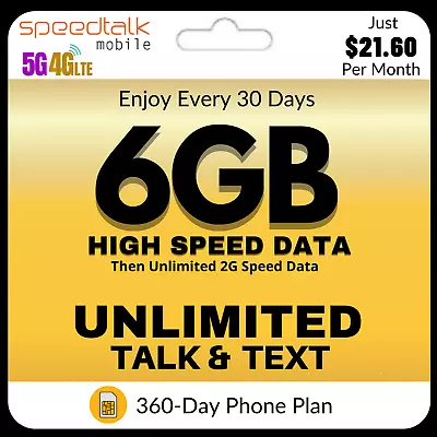 Prepaid SIM Card Kit Unlimited Data Talk Text SpeedTalk Smart Phone Plan 1 Year • $260