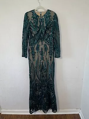 Dark Green Pattern Sequin Prom Dress Mermaid Long Sleeves Size 12 • $150