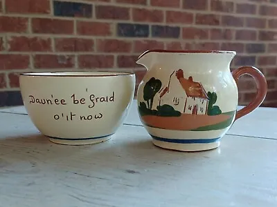 Vintage DARTMOUTH POTTERY Devon TORQUAY MOTTOWARE Motto Ware CREAMER & BOWL Set • $44.99