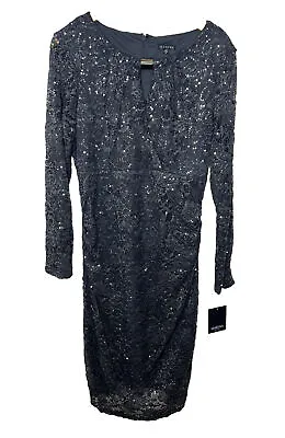 MARINA Dress Womens Lace Beaded Long Sleeve Dress Sheath Sequin Gray Size 14 NWT • $24.95