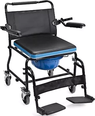 4 IN 1 350lbs Accessibility Commode Wheelchair W/ Rectangle Detaching Bucket • $205.64
