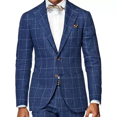 Mens Navy Plaid Suits Slim Fit Windowpane Wedding Business Tuxedos Blazer Custom • $79.03