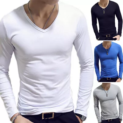 Men Long Sleeve Slim Fit V-Neck Sports Bodybuilding T-shirt Tops Basic Tee • $12.47