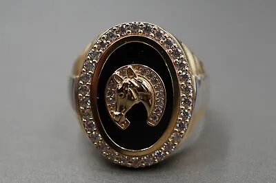 14K Solid Yellow Gold Horseshoe CZ With Black Onyx Oval Band Men Ring. Size 9.5 • $530