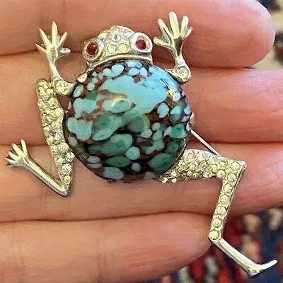 Vintage Sterling Mazer Frog Brooch Rare Art Glass Jelly Belly Rhinestone Figural • $199