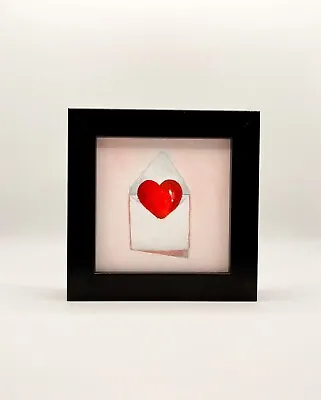 Heart Love Letter Original Oil Painting-FRAMED Pink Red Mini Art • £50