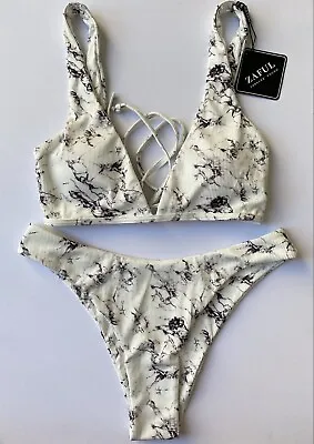 Zaful Off-White & Black Ribbed Marble Print Top & Bottoms Swimwear Set BNWT - 10 • £14