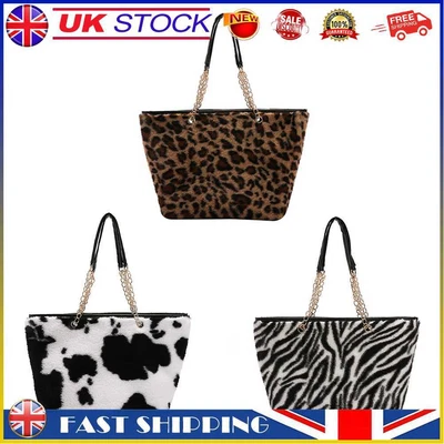 £9.02 • Buy Retro Leopard Zebra Cow Print Shoulder Bag Women Winter Plush Tote Shopping Bags