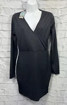 Boohoo Black Bodycon Dress Size 16 Long Sleeve Ribbed Low V-Neck Stretchy BNWT • $20.52