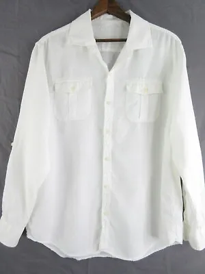 Caribbean 100% Linen Shirt Men's L White Solid Long Roll Tab Sleeve Pockets NWT • $44.95