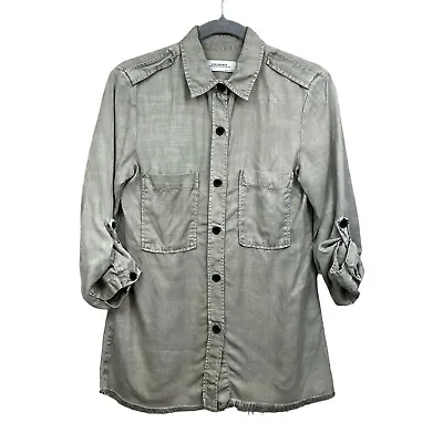 Zara Premium Denim Collection Button Up Shirt Rolled Tab Sleeve Green Women Sz M • $29.99