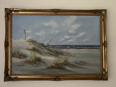 Beautiful Painting Beach Lighthouse Sea Wave Scene Signed Whiteman  • £85