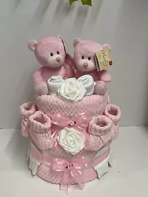 Pink Twins Nappy Cake Baby Shower Gift Twin Girls Gift Pink Baby Hamper • £54.99