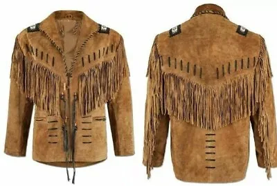  Men's Traditional  Cowboy Western Leather Jacket Coat  With Fringes Beads • $89.91
