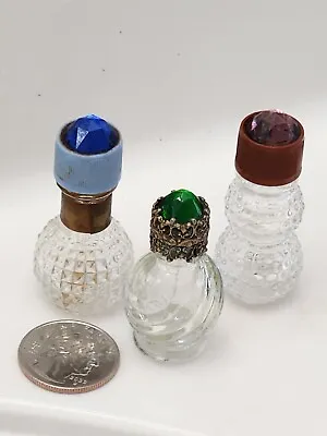 (3) Vintage Small Clear Glass Hobnail Perfume Bottles W Jeweled Tops #1595 • $34.65