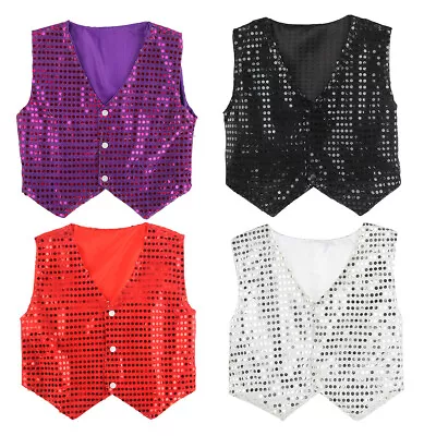 UK Girls Boys Sequins Dance Vest Top Waistcoat Hip Hop Jazz Performance Costume • £4.89