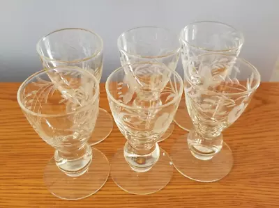 Vintage Set Of Six 3 1/4  Clear Etched Glass Cordial Glasses • $14.99