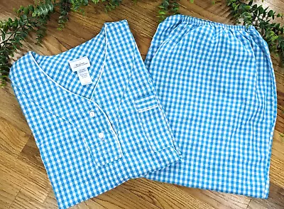 💙The Vermont Country Store XL Pajama Set 2 PC Gingham Plaid Blue Made USA Capri • $24