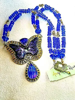 AMY KAHN RUSSELL Blue Butterfly Dichroric Glass Angelic Crystal &Brass Necklace • $395