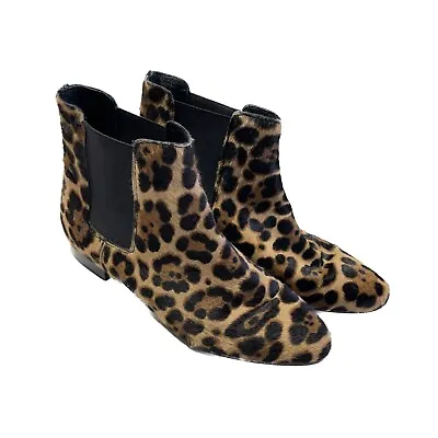 J Crew Collection 8 Leather Animal Print Calf Hair Chelsea Ankle Boot Black Tan • $34.95