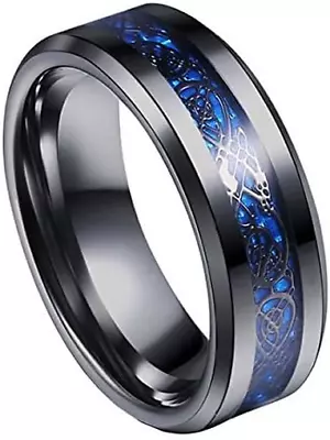 8mm Tungsten Carbide Ring Silvering Celtic Dragon Blue Carbon Fibre Inlay Weddin • $14.62