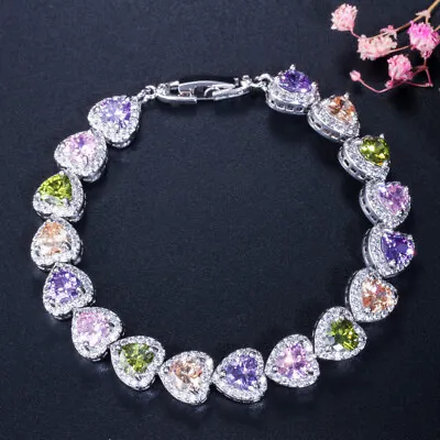 £11.77 • Buy Dazzling Multicolor CZ Crystal Heart Charm Bracelet For Bridesmaid Lover Costume