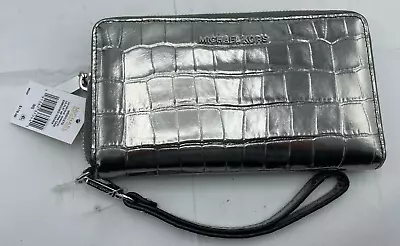 Michael Kors Large Flat Multifunction Phone Case Embossed Leather Wristlet Grey • $58.99