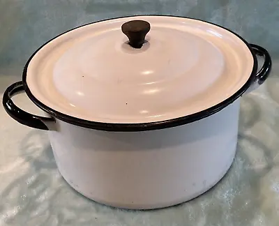 Vintage Enamelware Pot W Lid White W Black Trim 9  Diameter 3.5 Qt • $25