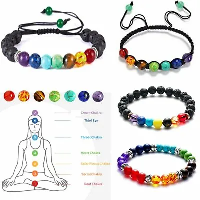 $3.18 • Buy Lava Stone Natural Beads 7 Chakra Bracelet Bangle Healing Diffuser Women Men Hot