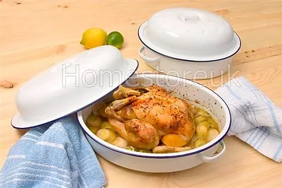 Roaster Enamel Dish Roasting Oven Tray Casserole Pan White With Lid Oval / Round • £24.95